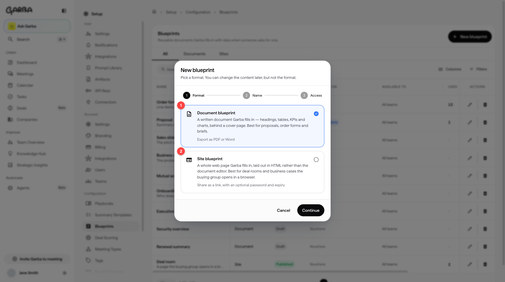Choosing between a document blueprint and a site blueprint