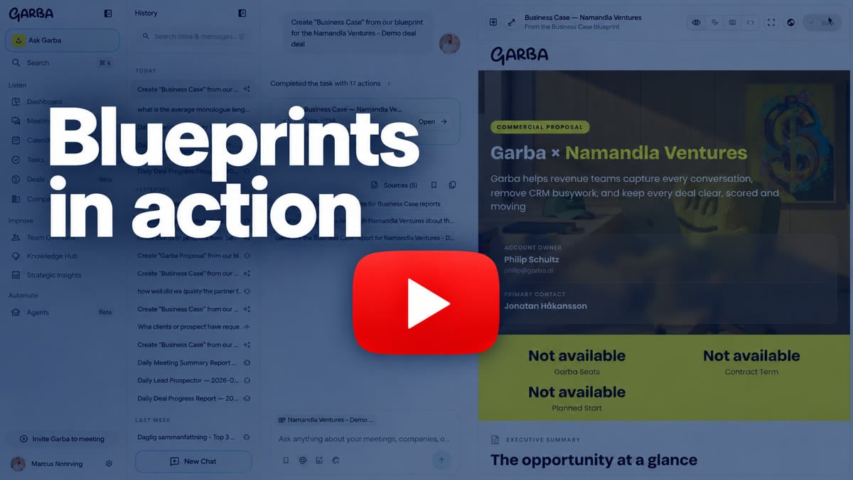 Video thumbnail: Blueprints in action, showing Garba generating a business case from a Blueprint