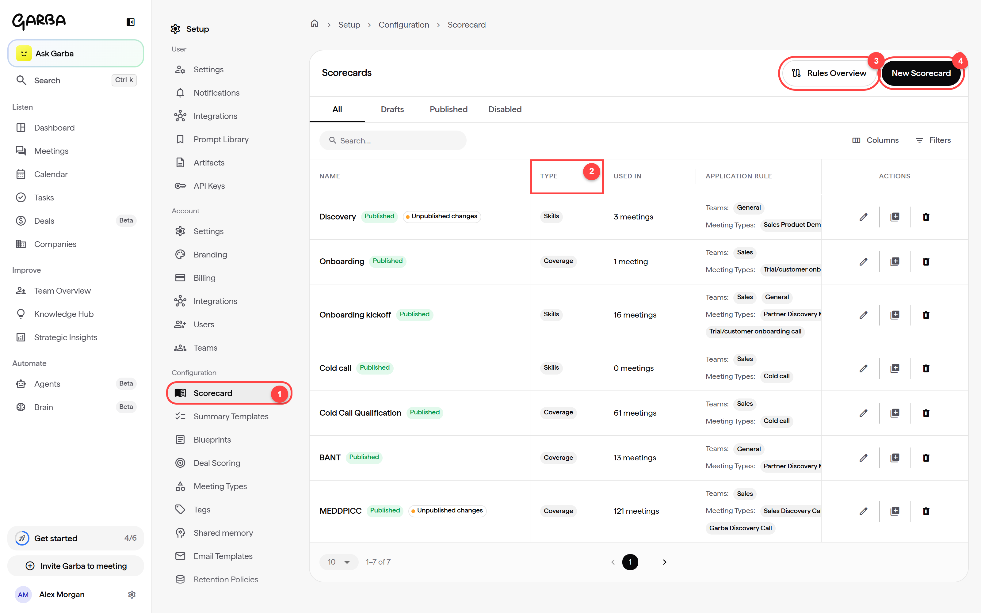The Scorecards list in Settings, with the Type column showing Skills or Coverage for each scorecard