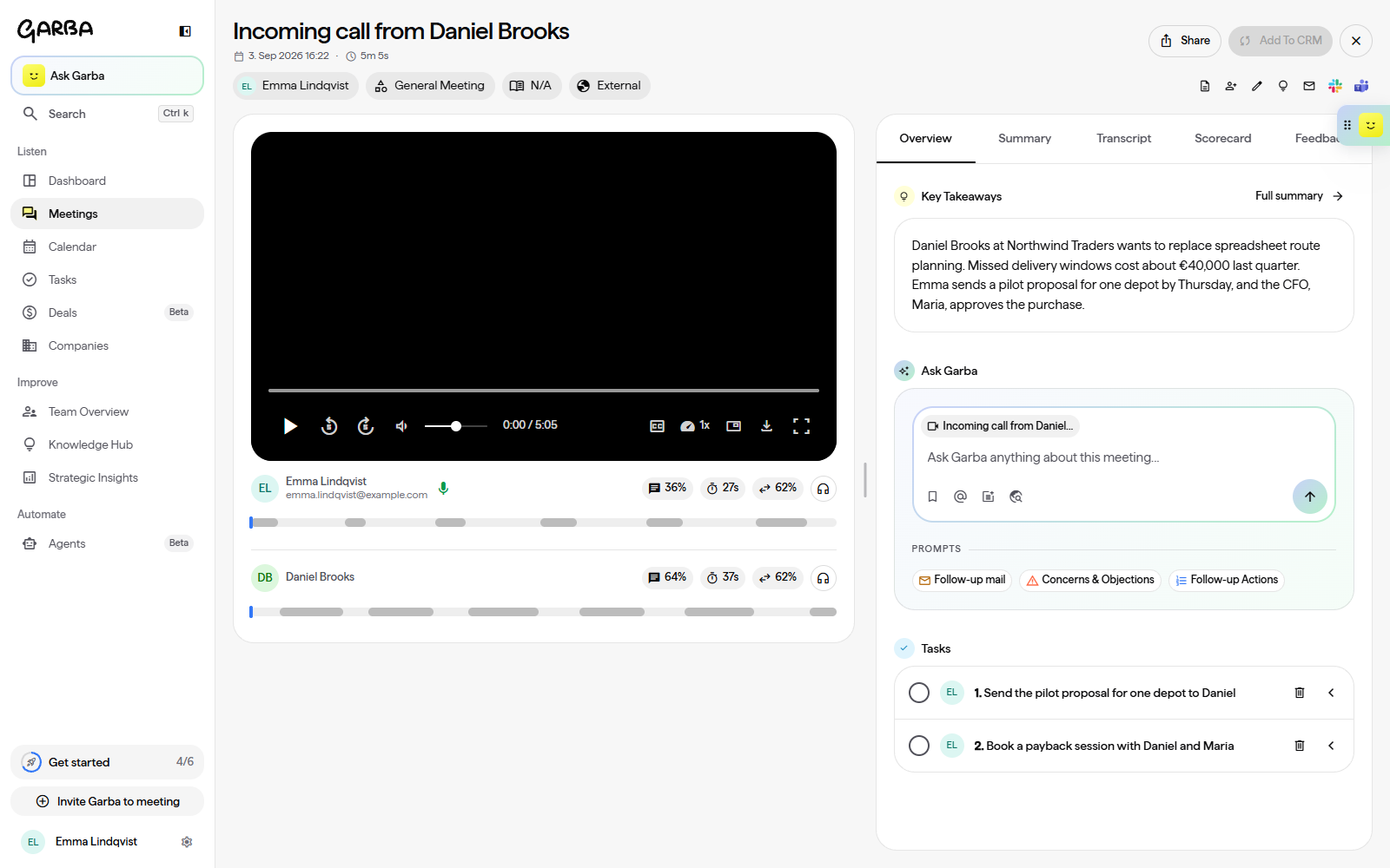 A Garba meeting record from a Telavox call, with the recording player, the participants, the key takeaways and the tasks