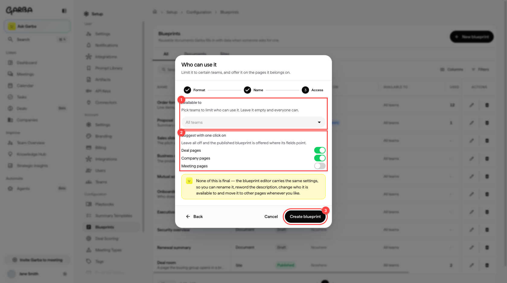 Choosing which teams can use the blueprint and which pages suggest it