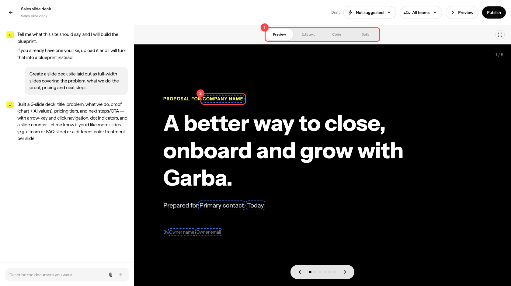 A site blueprint in the editor, with placeholders outlined in the page