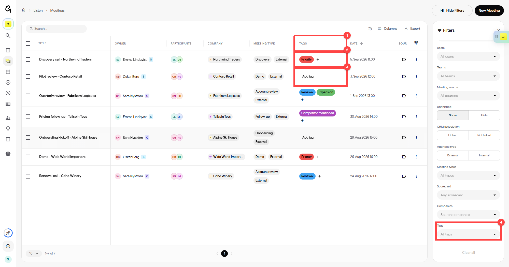 Tags column and filter on the Meetings page