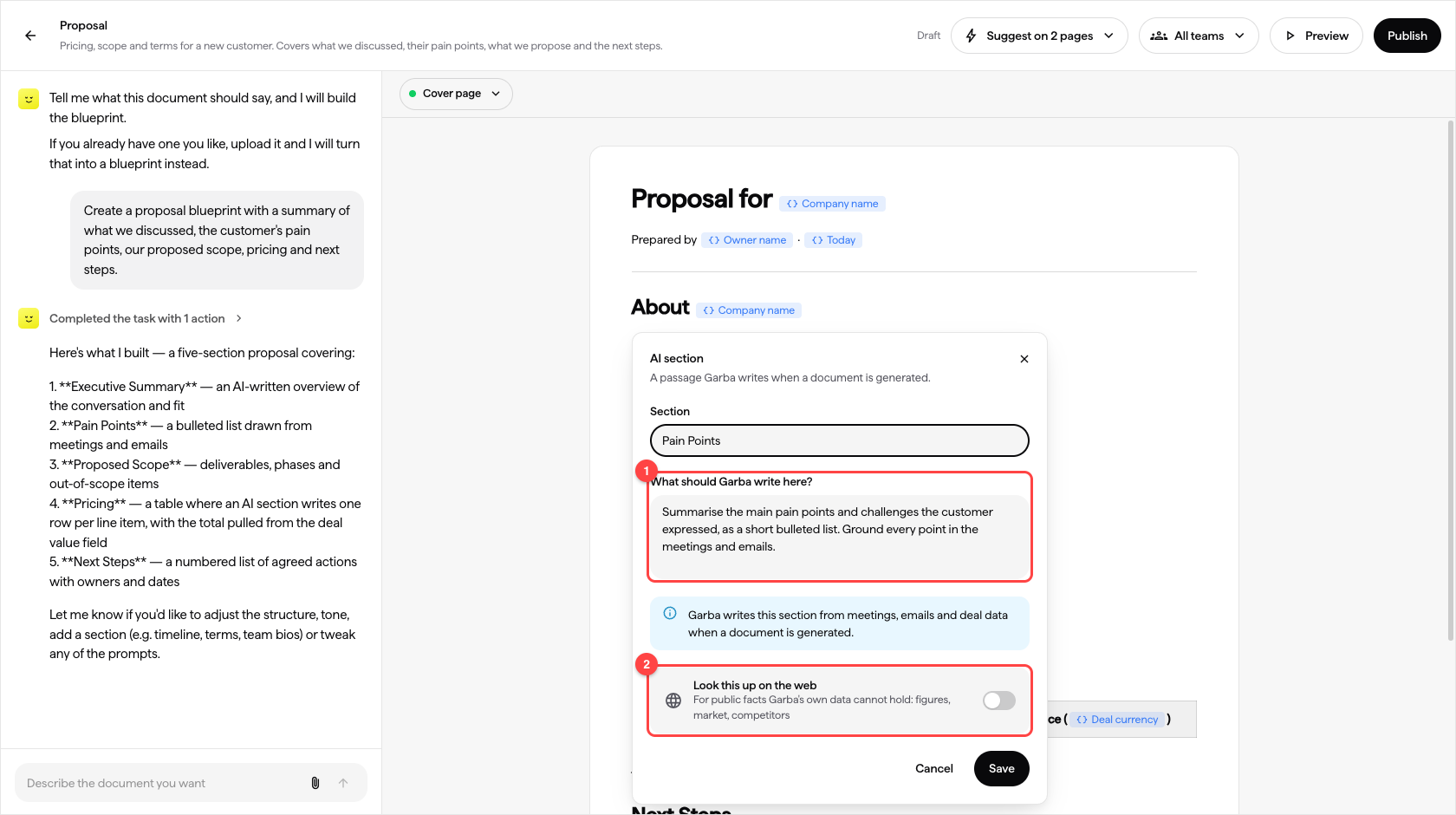 The placeholder editor, with its instruction and the web-lookup switch