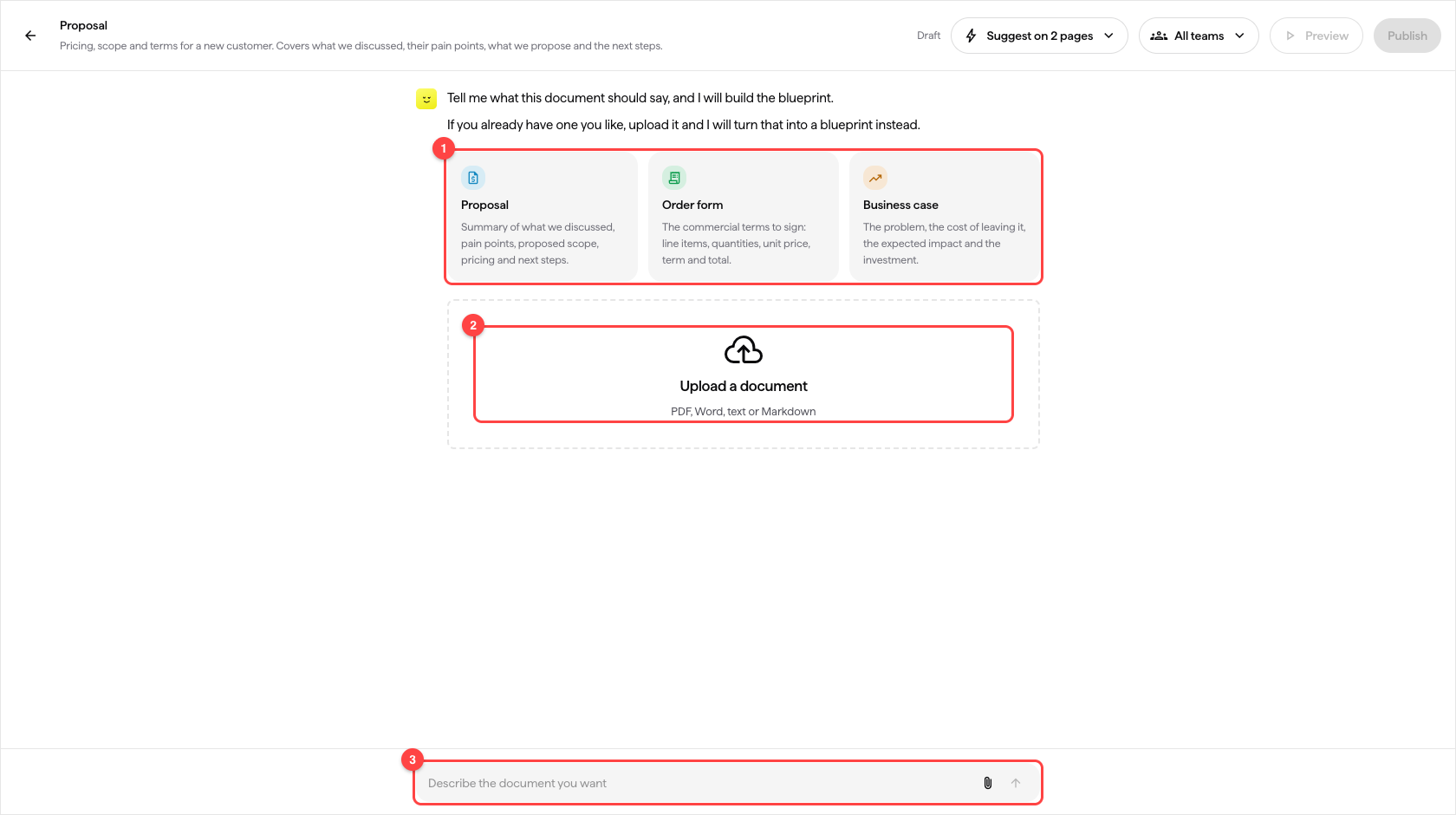 The blueprint builder chat with starting points and document upload