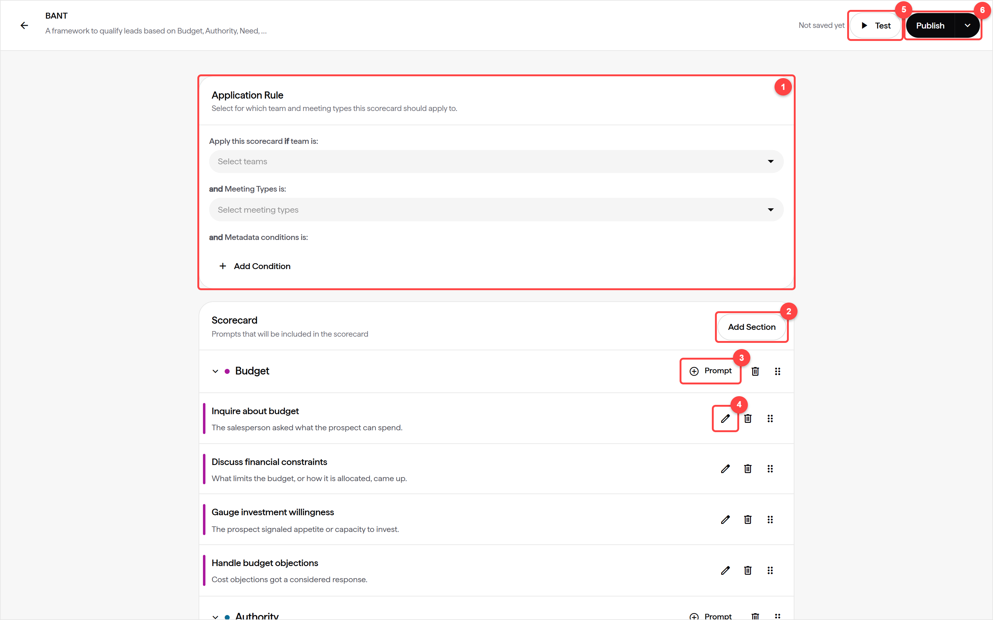 The scorecard editor with the Application Rule, Add Section, Prompt, edit, Test and Publish controls highlighted