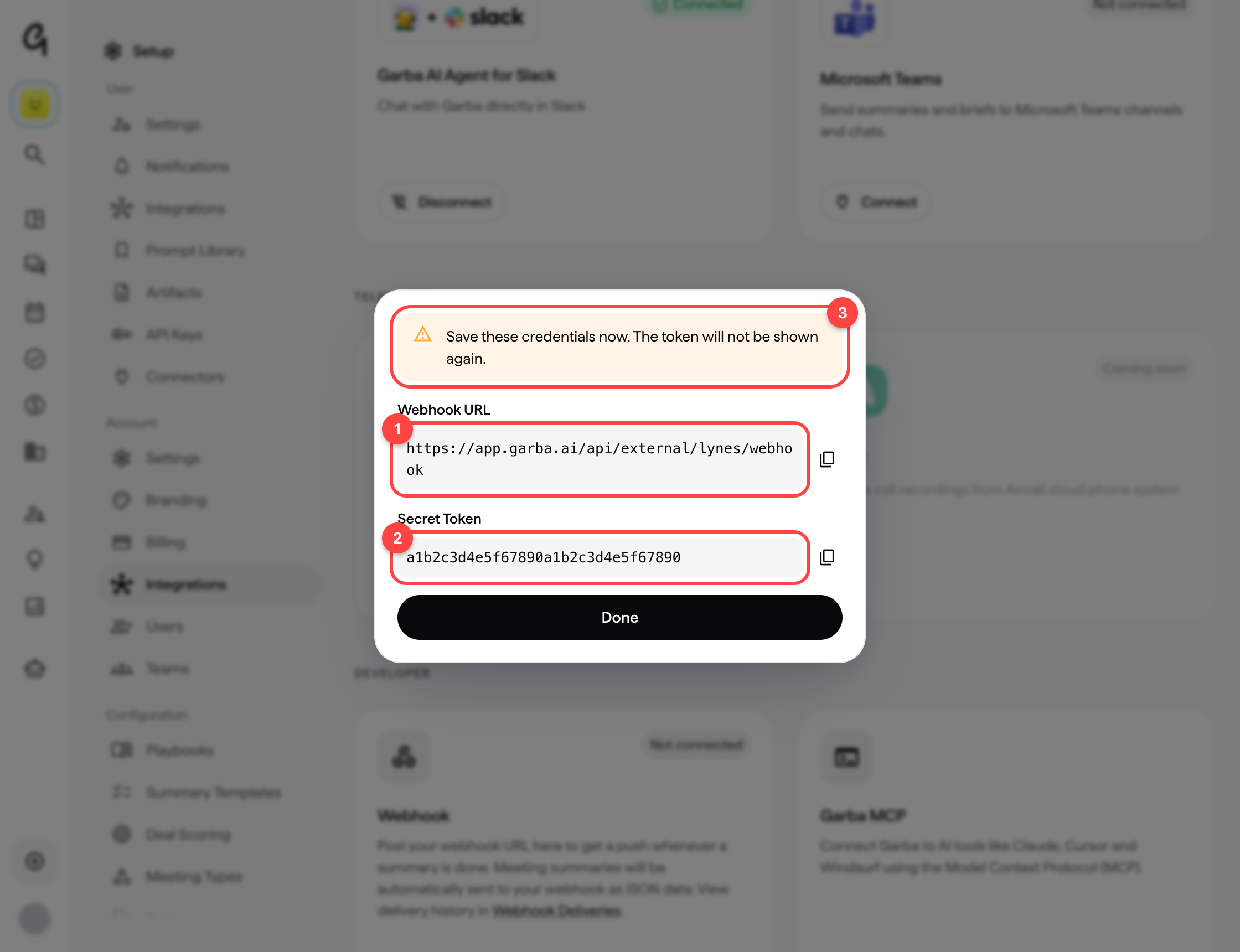 The Lynes credentials dialog showing the webhook URL and secret token with copy buttons