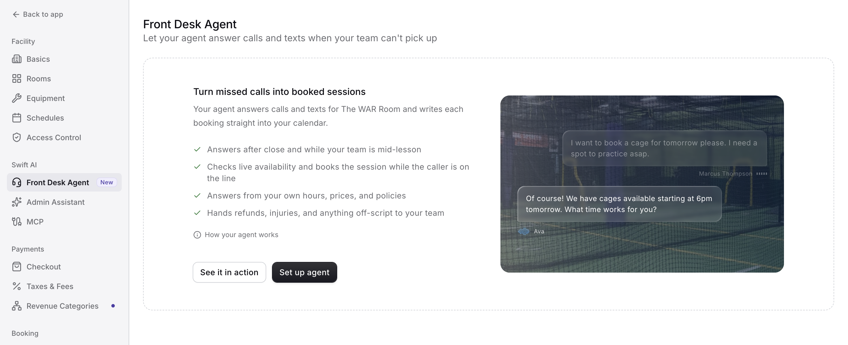 The Front Desk Agent settings page shows its booking features, setup buttons, and a sample customer conversation over a sports cage. Visible: Back to app, Facility, Basics, Rooms, Equipment, Schedules.