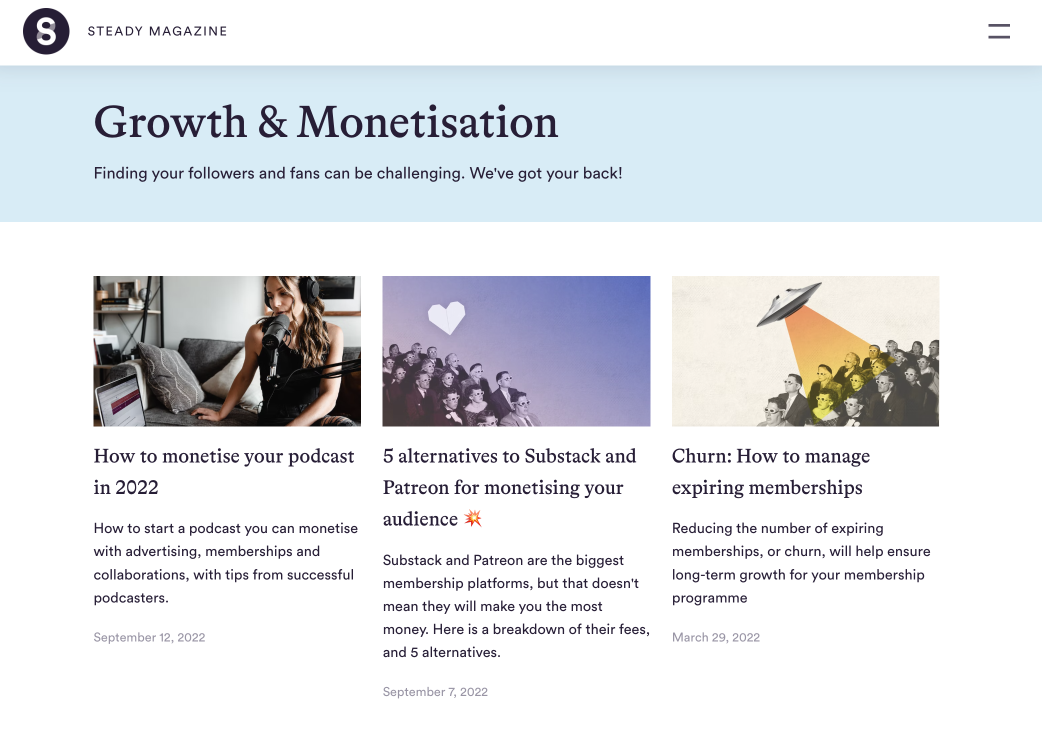 Screenshot of a Topic page on the Steady Magazine