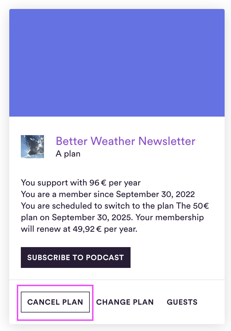 Example of a membership card with a cancel button