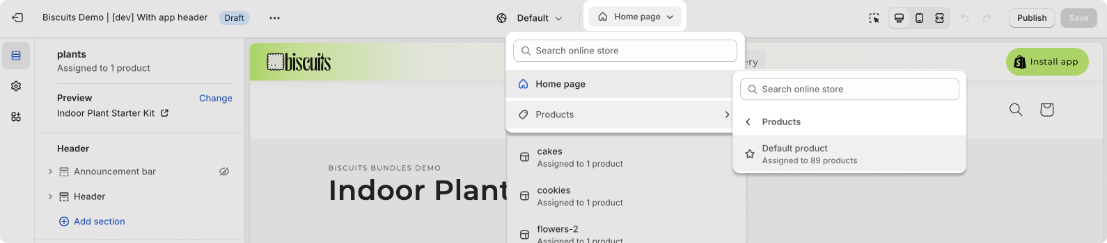 Shopify theme editor with template selection dropdown open for default product template