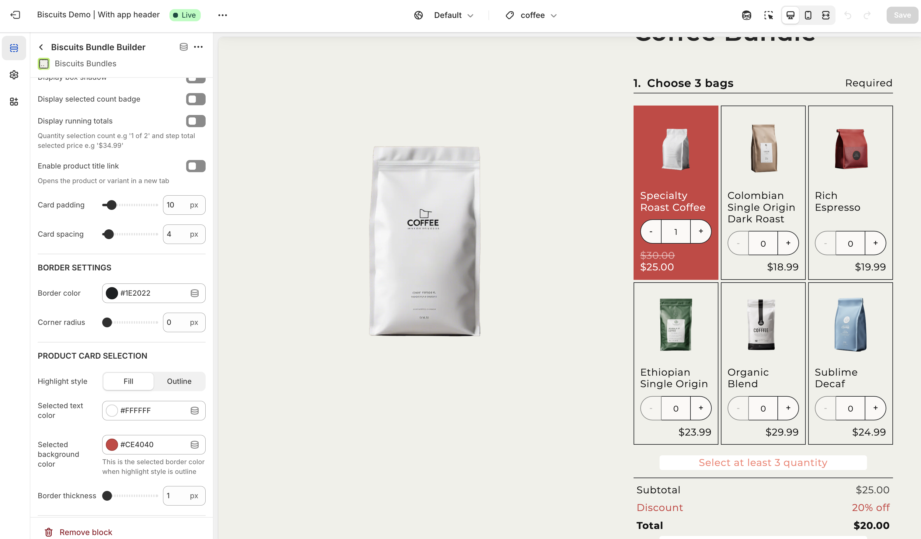 Shopify theme editor open on Biscuits bundle app block for border colours