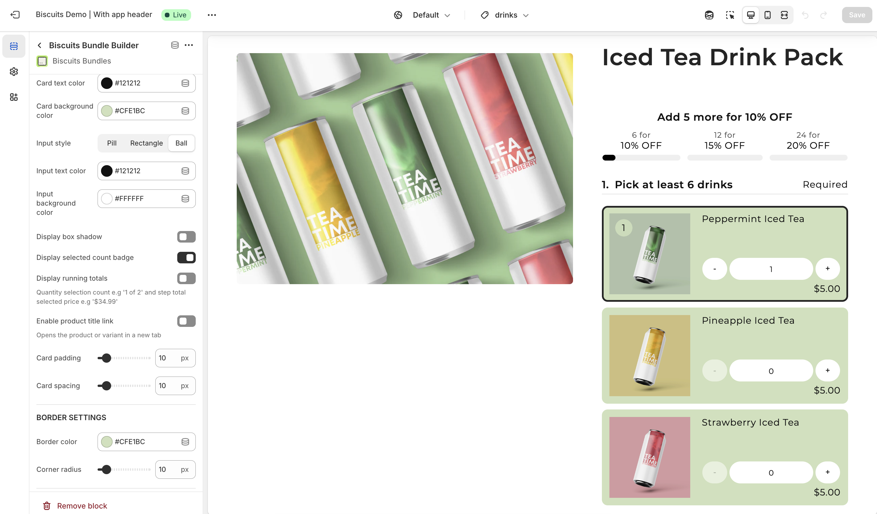 Shopify theme editor open on Biscuits Bundle app block with settings for input styles