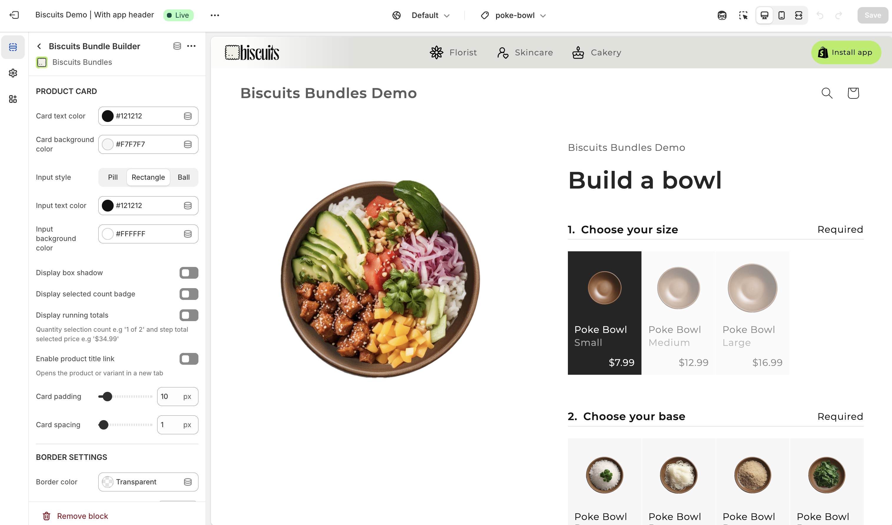 Shopify theme editor open in Biscuits Bundle app block settings for padding and margins