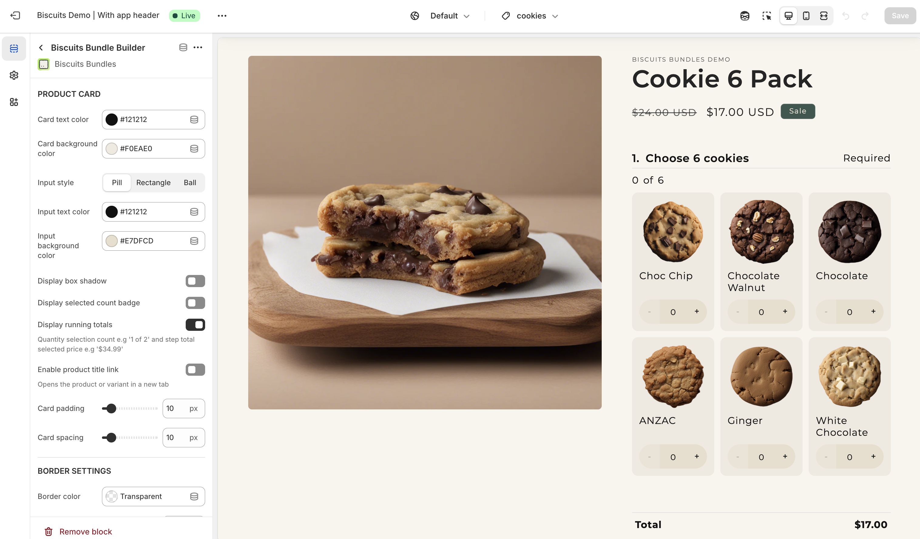 shopify theme editor with biscuits bundle app block settings open on colour settings