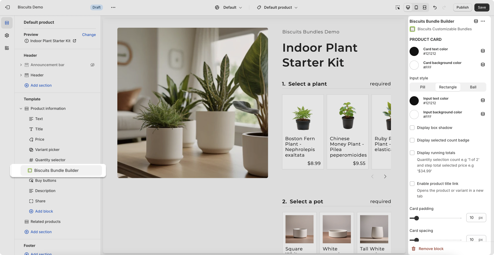 Shopify theme editor open on product template with Biscuits Bundle app block selected