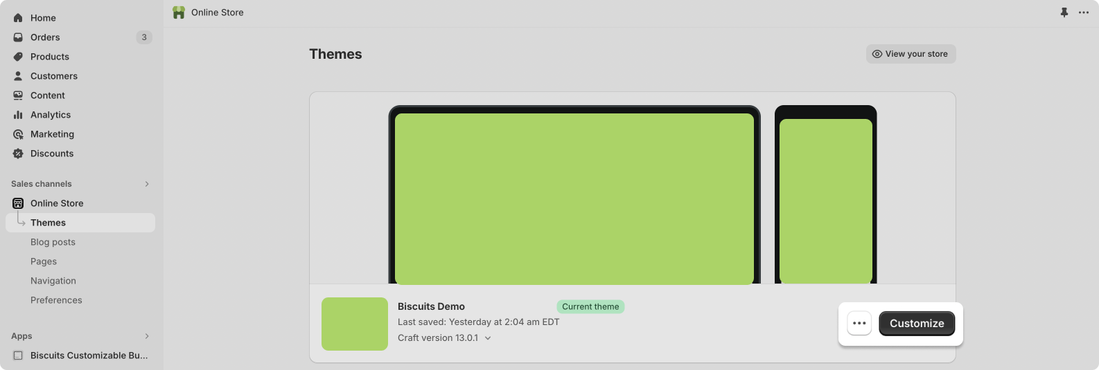 Shopify Online Store page with customise button on the live theme highlighted