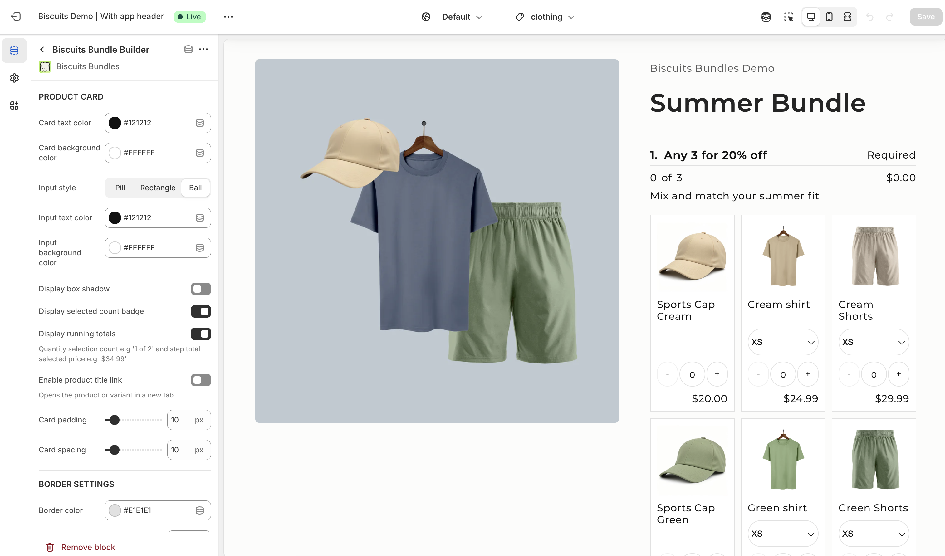 Shopify theme editor open on checkbox settings for displaying running totals and count badges