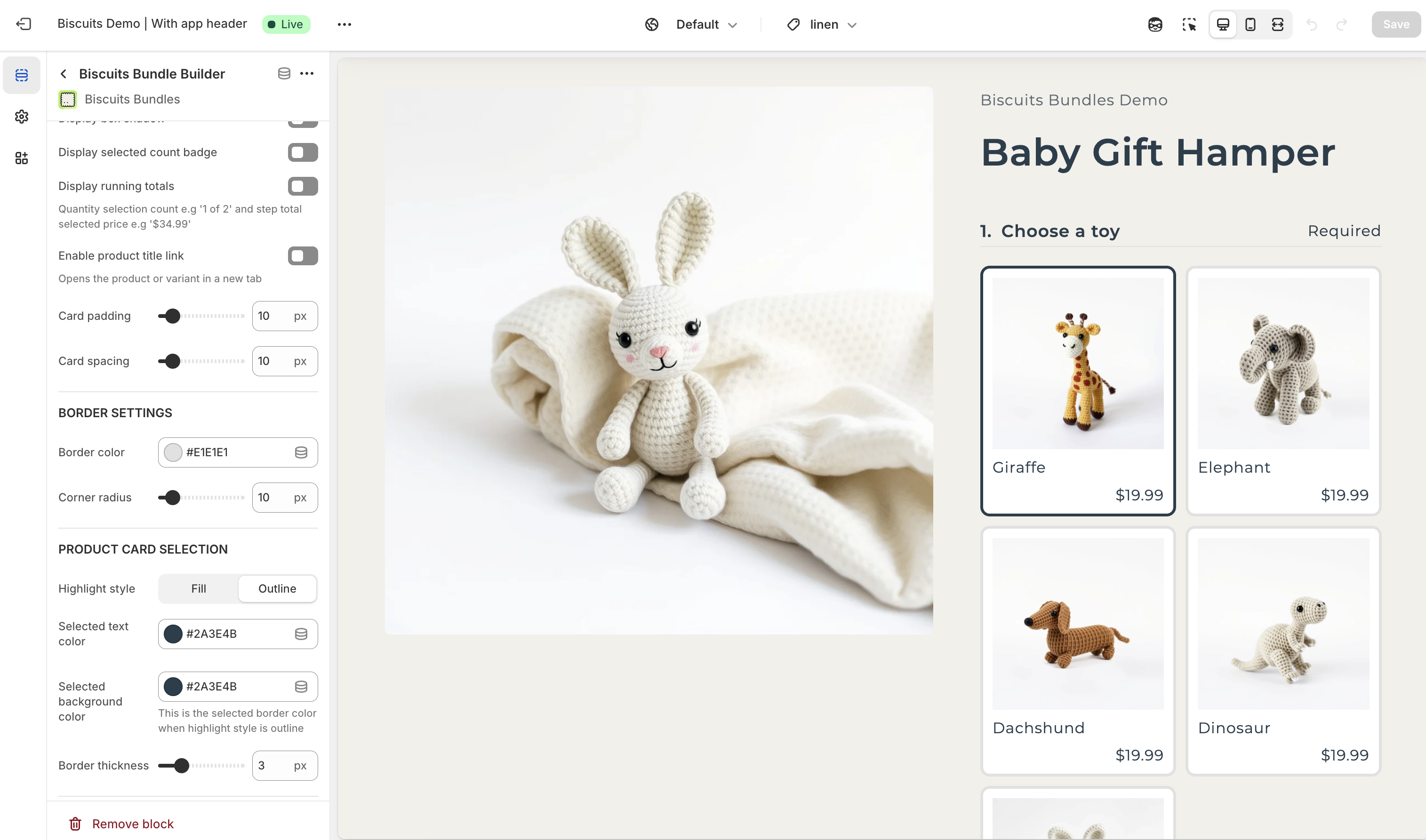 Shopify theme editor open on the Biscuits Bundle app block settings for highlight type outline
