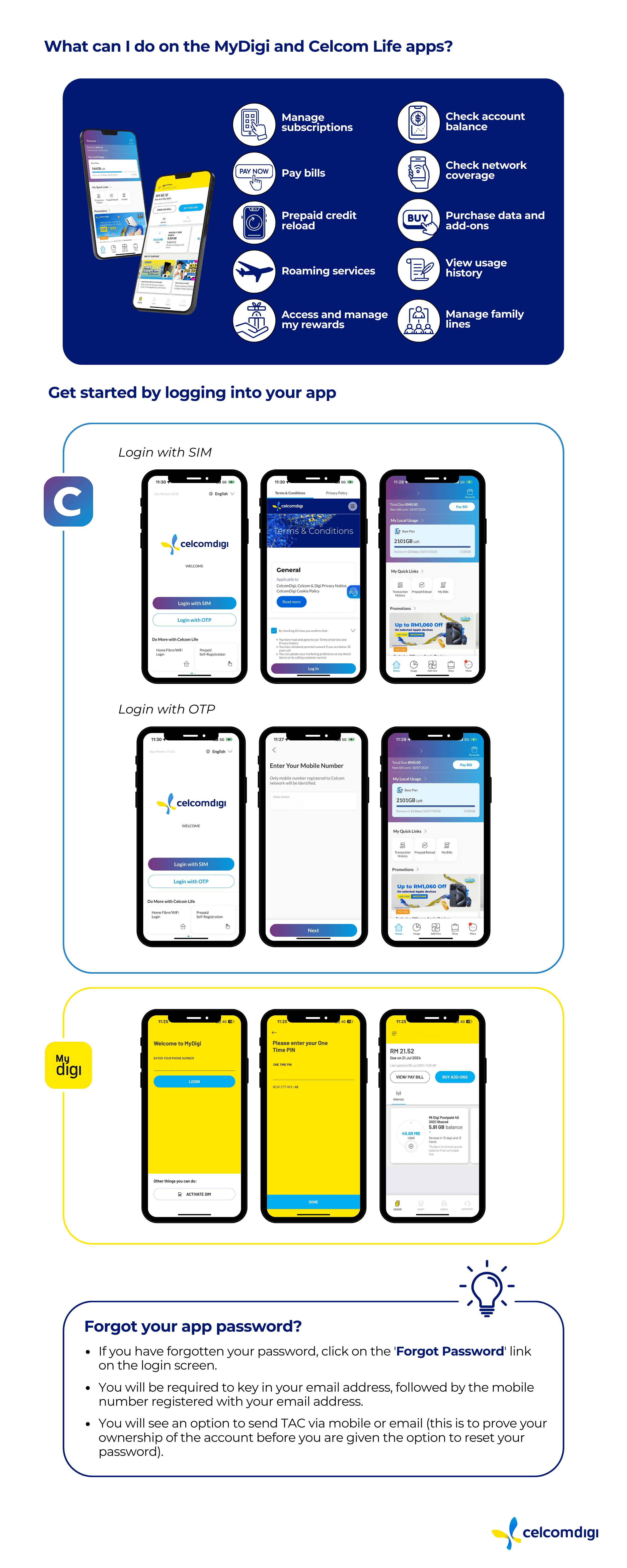 Find out how to manage your account via Celcom Life/ MyDigi app. Visit our Knowledge Base to learn more about CelcomDigi products, offerings & more.