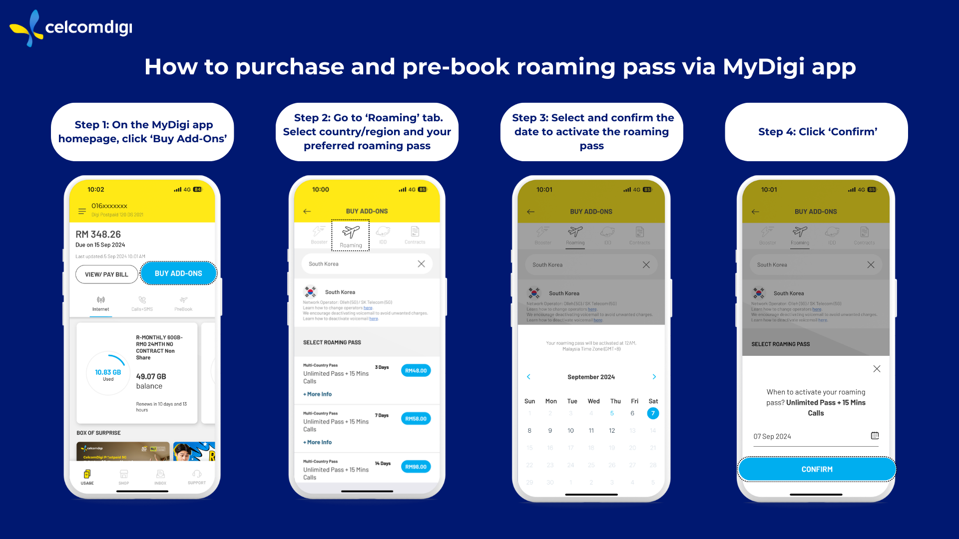 Discover CelcomDigi's roaming passes for worry-free travels. Choose the perfect plan for your next trip.
