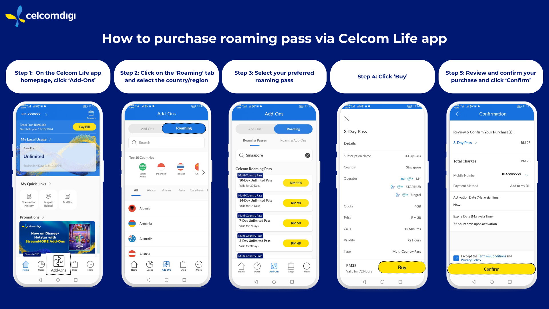 Discover CelcomDigi's roaming passes for worry-free travels. Choose the perfect plan for your next trip.