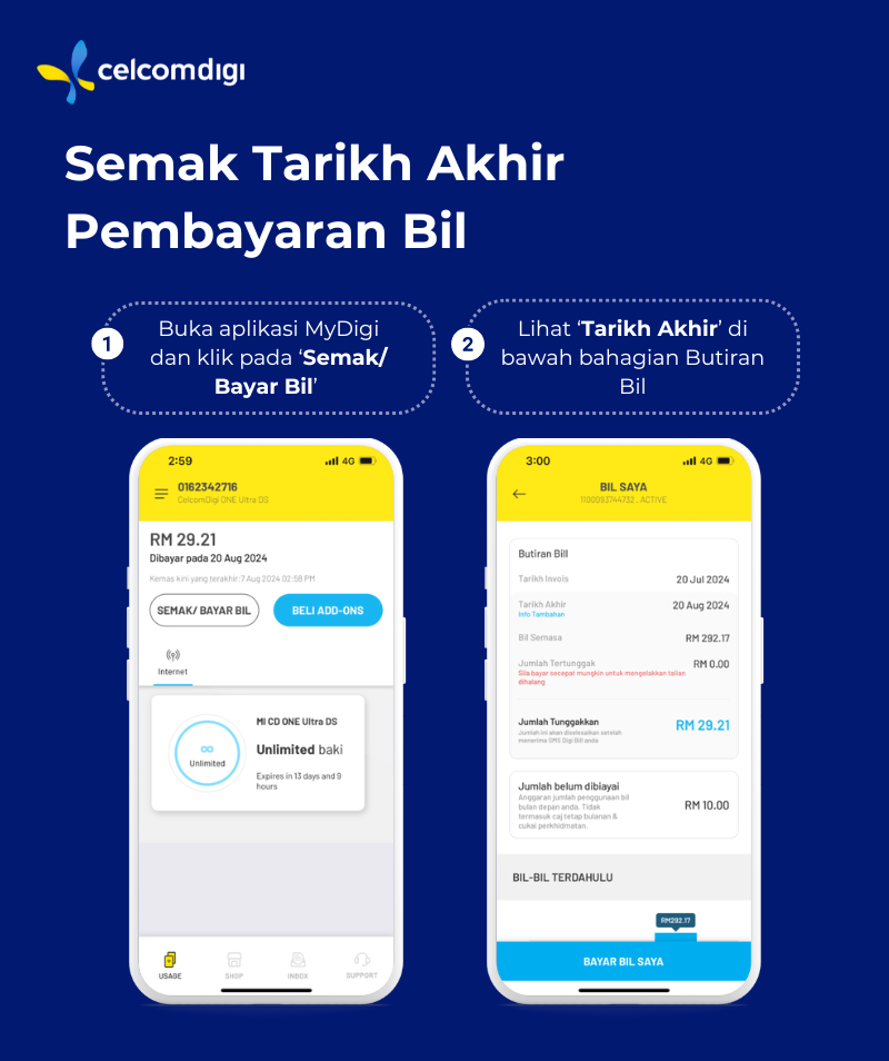 Ketahui bila tarikh akhir bil CelcomDigi anda dan elakkan yuran lewat pembayaran. Dapatkan maklumat terkini.