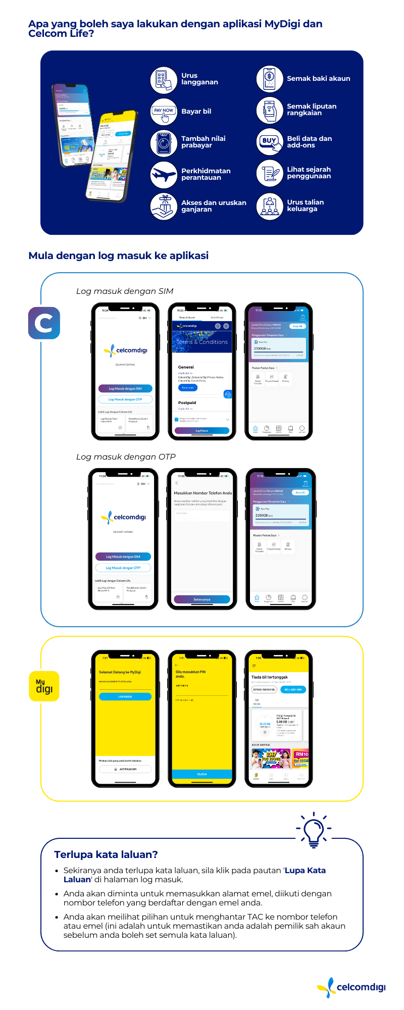 Ketahui cara untuk mengurus akaun anda melalui aplikasi Celcom Life/ MyDigi. Lawati laman Bantuan kami untuk mengetahui lebih lanjut mengenai produk, tawaran CelcomDigi & banyak lagi.
