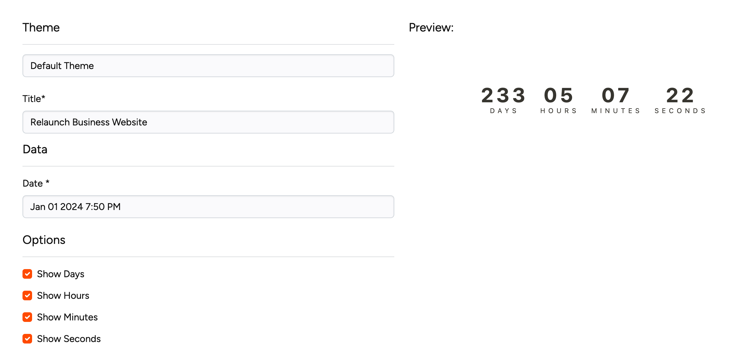 simple countdown widget configurator