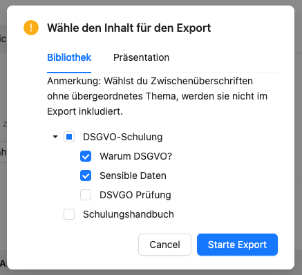 Mit der Checkbox wählen Sie einzelne Bibliothekselemente aus.