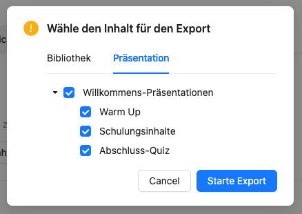 Wechseln Sie zum Tab Präsentationen, um Präsentationen und Phasen zu exportieren.