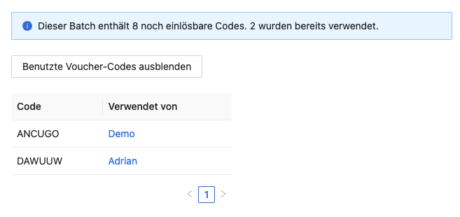 Im Voucher-Editor sehen Sie welche Benutzer*innen welchen Voucher eingelöst haben.