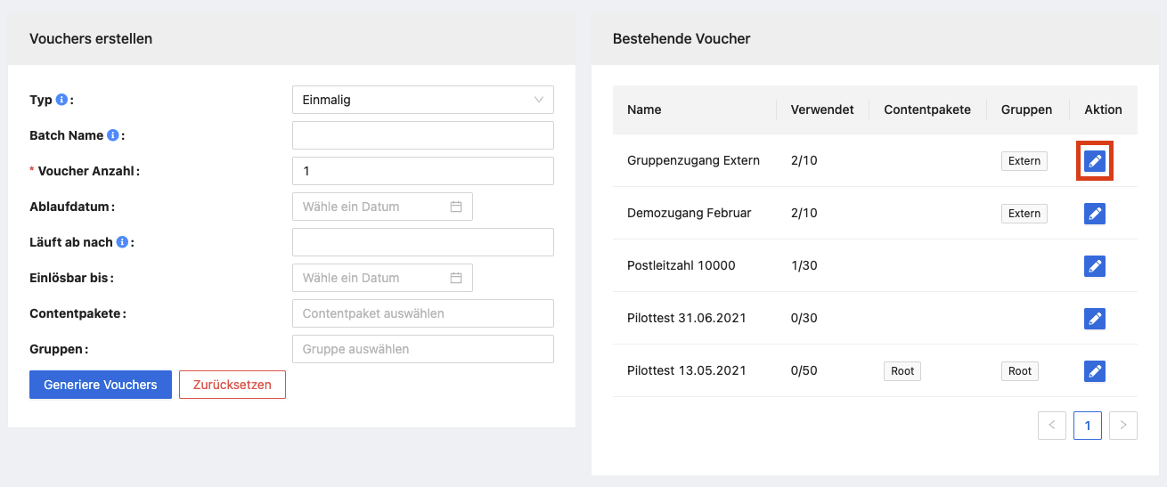 Um einen Voucher Code zu deaktivieren, wechseln Sie zum Voucher Editor mit dem Bearbeiten-Button.