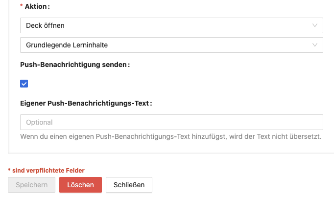 Am Ende des Editors einer Benachrichtigung können Sie einen eigenen Push-Benachrichtigungs-Text hinzufügen.