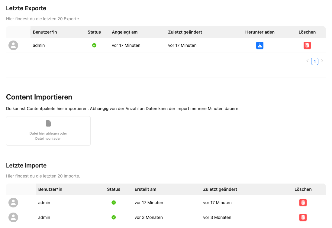 Ansicht der Import-Möglichkeiten und der Liste aller bereits durchgeführten Imports.