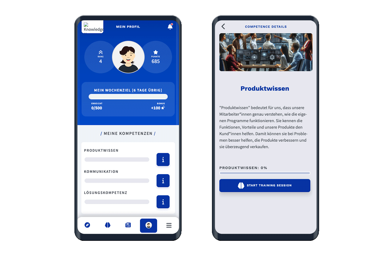Ansicht der Kompetenzliste und der Detail-Seite in der App am Handy.