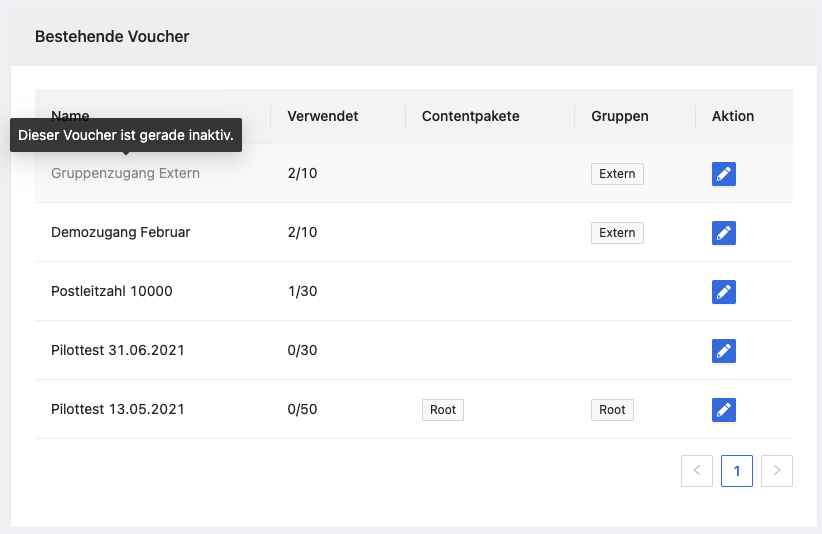 Deaktivierte Voucher Codes werden ausgegraut in der Liste dargestellt.