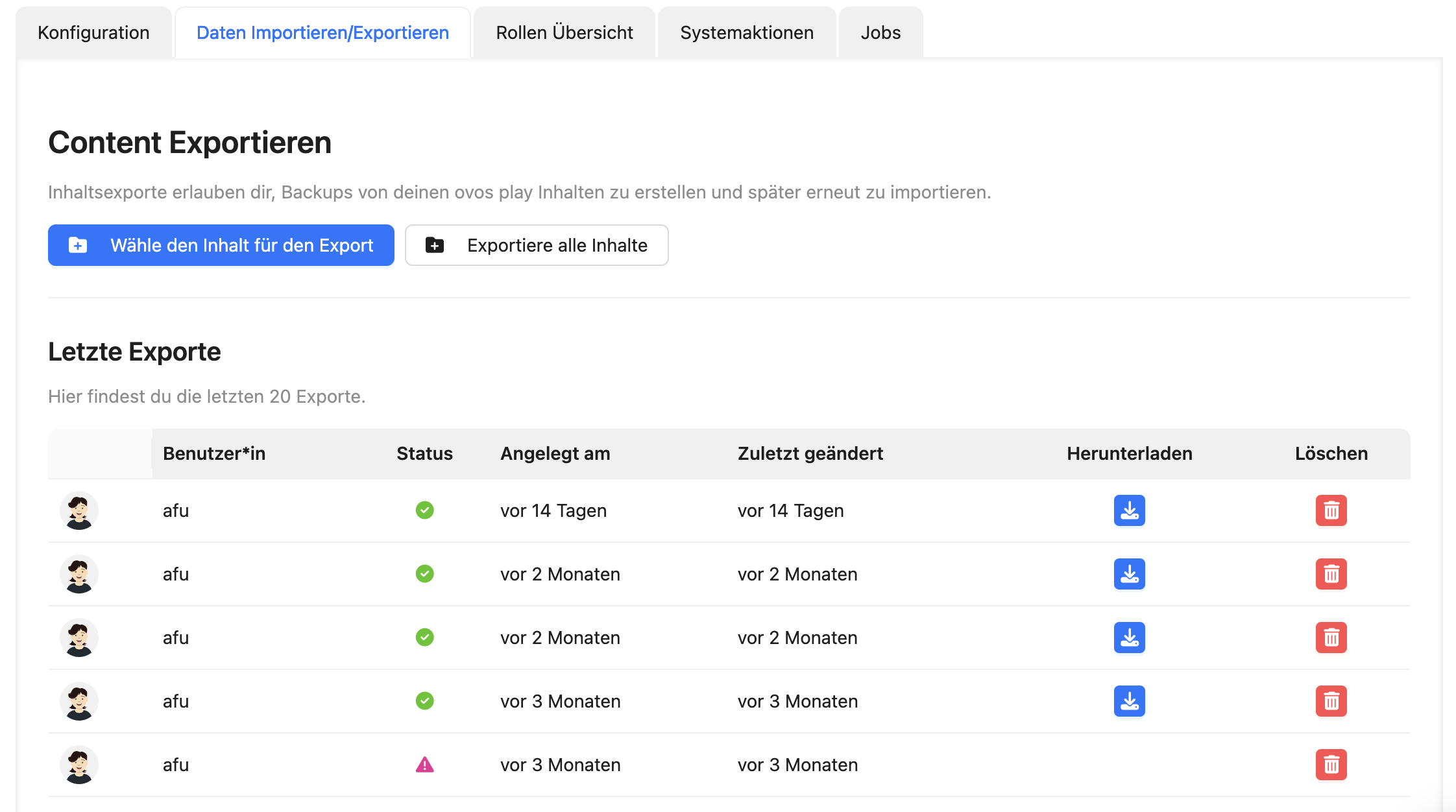 Ansicht der Export-Möglichkeiten mit einer Liste aller durchgeführten Exporte.