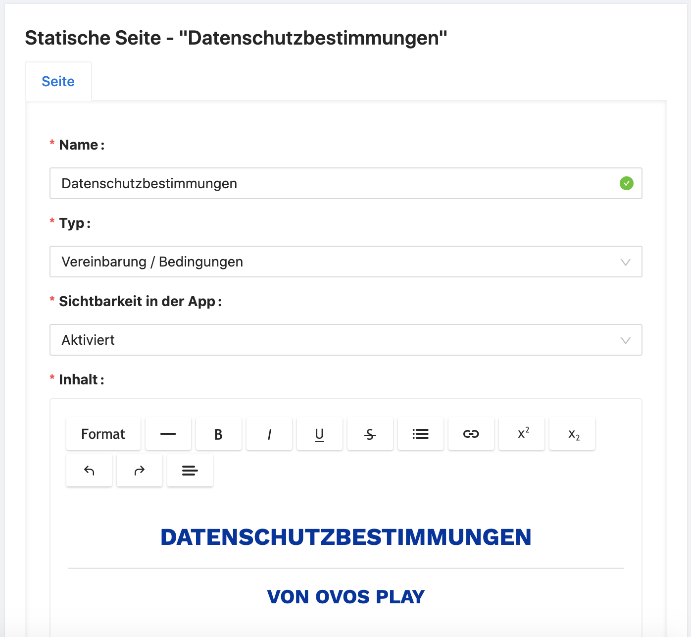 Editor einer statischen Seite des Typs 