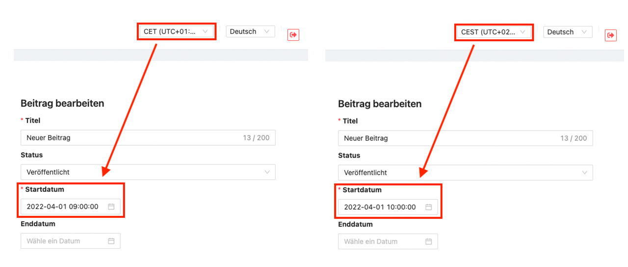 Beim Wechsel der Zeitzone werden die Datums-Felder automatisch angepasst..