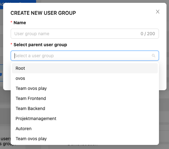 In the create new user group window administrators can choose parent user groups.