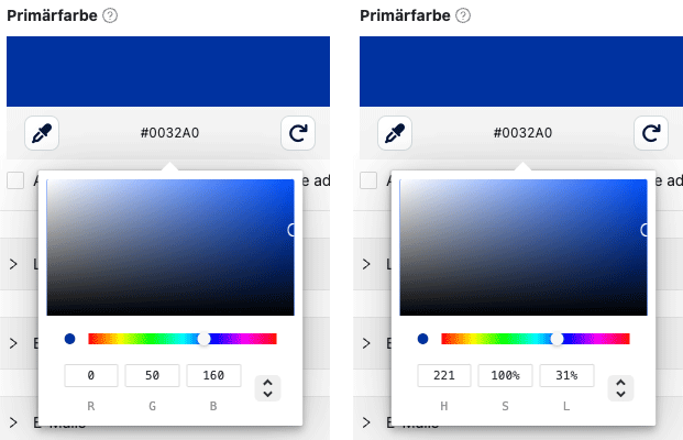 Klicken Sie auf das Pfeil-Symbol, um zwischen HEX, RGB und HSL zu wechseln.