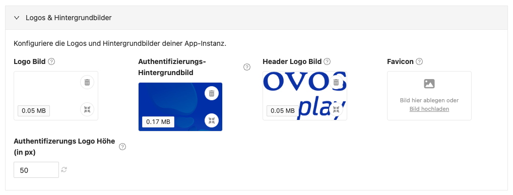 Logos können mithilfe der Bild-Upload Felder hochgeladen werden.