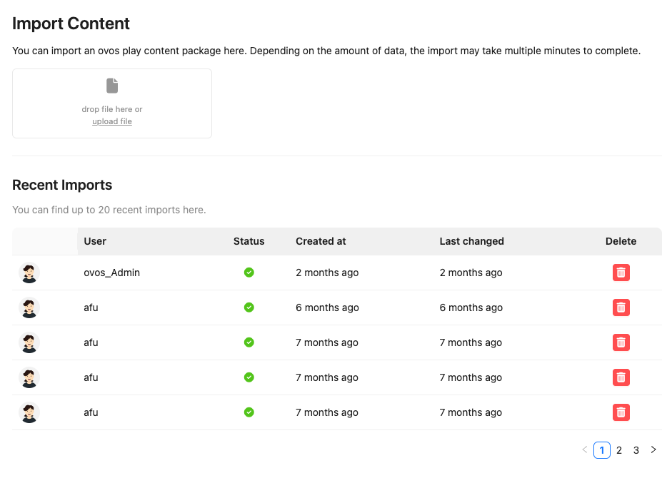 View of the import options and the list of all imports already performed.