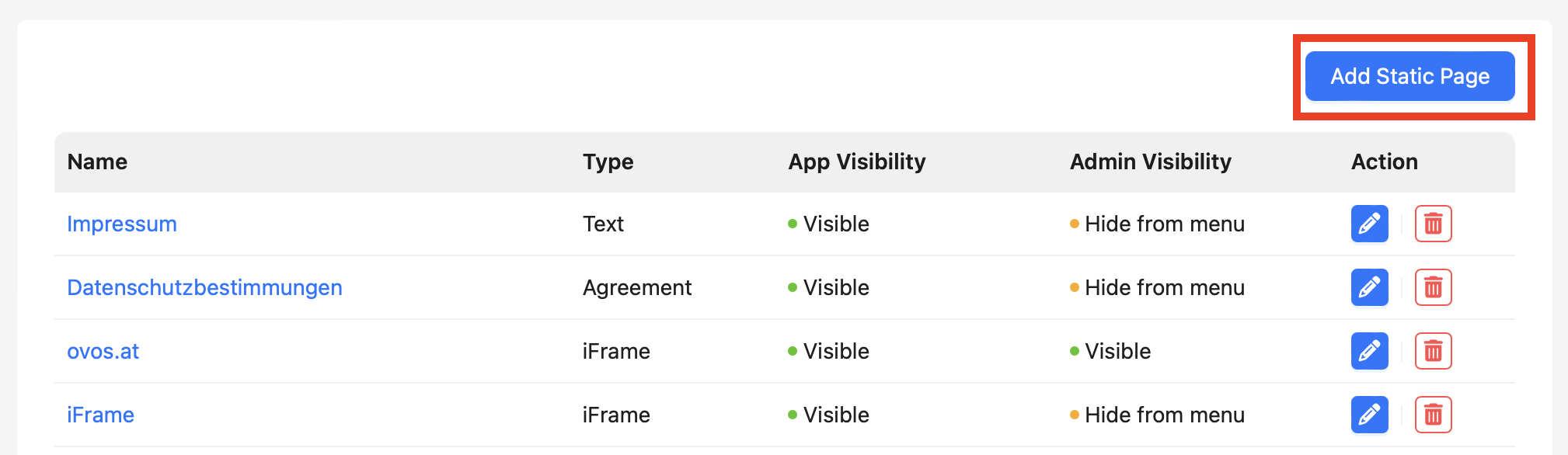 Overview of possible menu items. Text, agreement / condition, external link and iFrame.