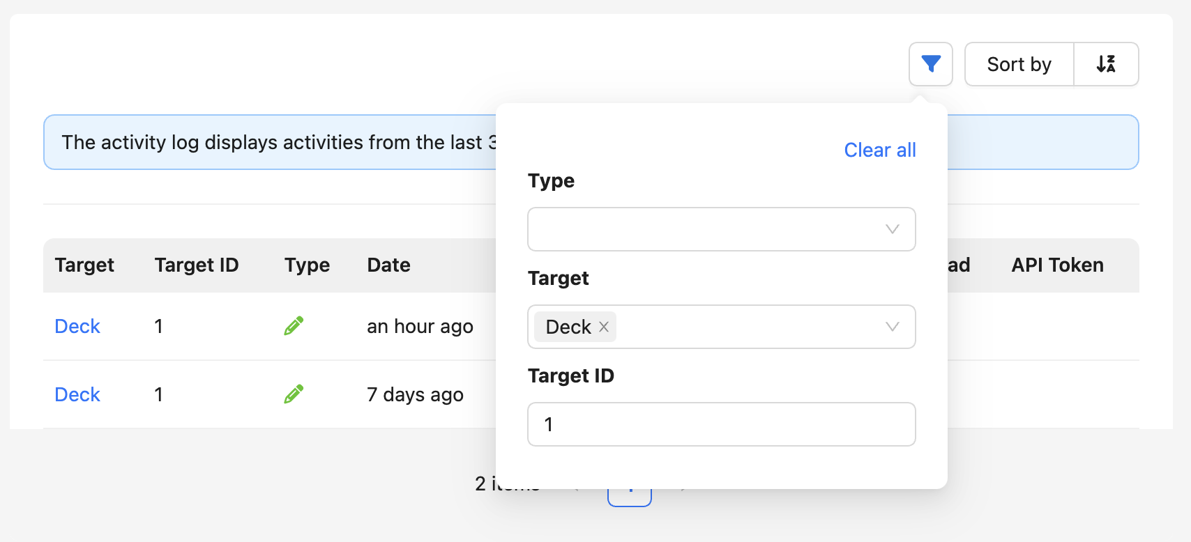 You can use the field Target ID to filter for a specific element in the activity log.