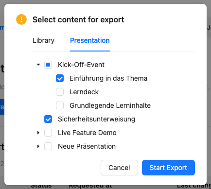 Switch to the Presentations tab to export presentations and phases.