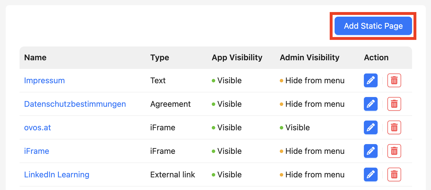 The button to add a static page can be found in the top right corner.