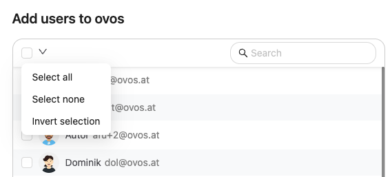 The checkbox on the top opens a dropdown to select all, none or invert selection.