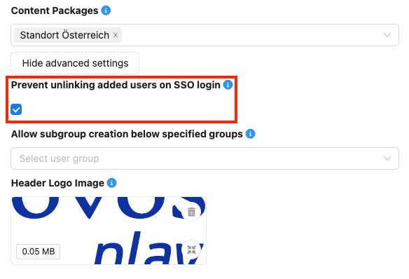 You can find the option to prevent unlinking added users on SSO login in the advanced settings of a group.